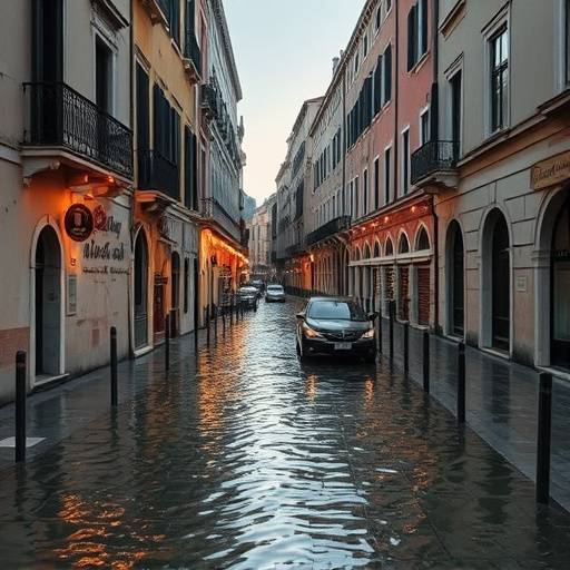 Fotografia di una strada allagata in Veneto