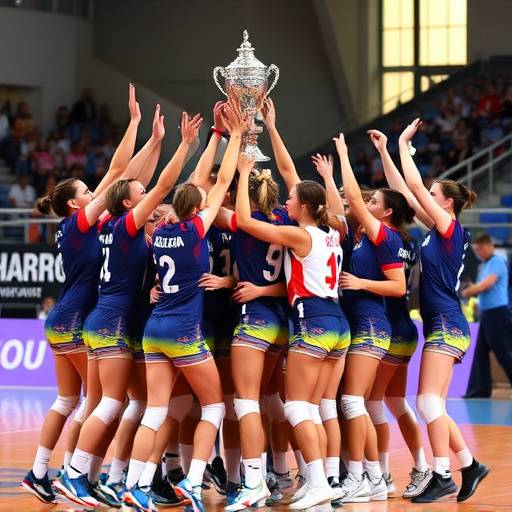 Giocatrici della nazionale italiana di pallavolo festeggiano la vittoria dei Campionati Europei