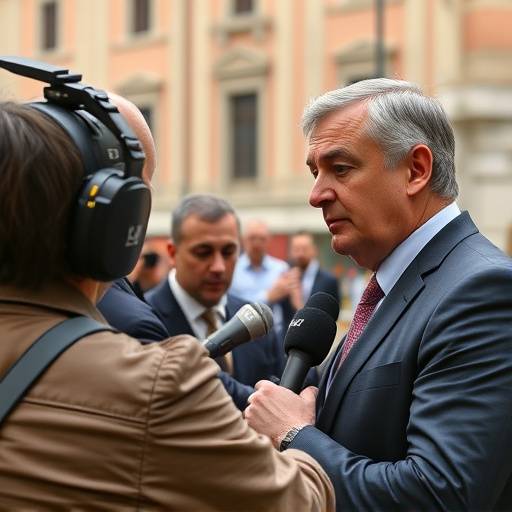 Un giornalista di Notizie Italia intervista un politico durante una conferenza stampa a Roma